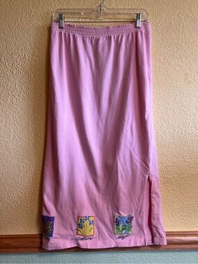 Quacker Factory Vintage Pink Maxi Skirt with Floral Patch Motif